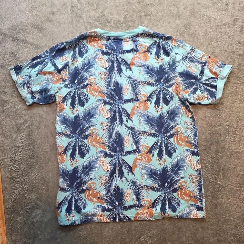 Flamingo Hawaiian Shirt Mens L Blue Palm Tree Pineapple Graphic Pocket T-Shirt